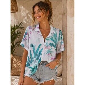 HEMANT & NANDITA Floral Print Shimmer Short Sleeve Button Down Top S